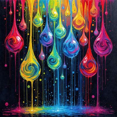 The primary subject of the image is a painting featuring a colorful and vibrant scene of raindrops. The setting is a dark background, which contrasts with the bright colors of the raindrops. The visual style is a combination of digital art and illustration, creating a unique and eye-catching piece. The dominant colors are a mix of red, yellow, blue, and green, giving the painting a lively and energetic atmosphere.